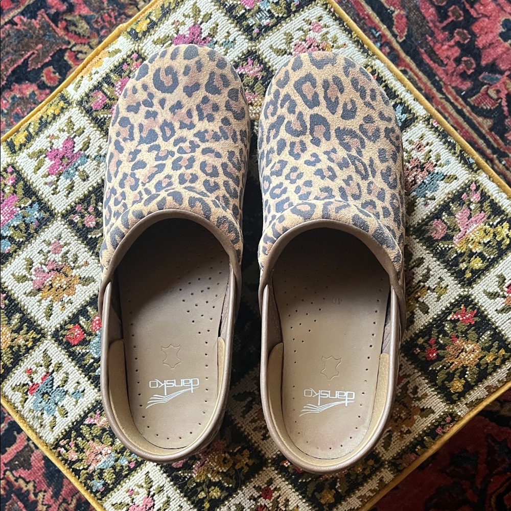 Dansko Leopard Print Clogs in Tan and Black